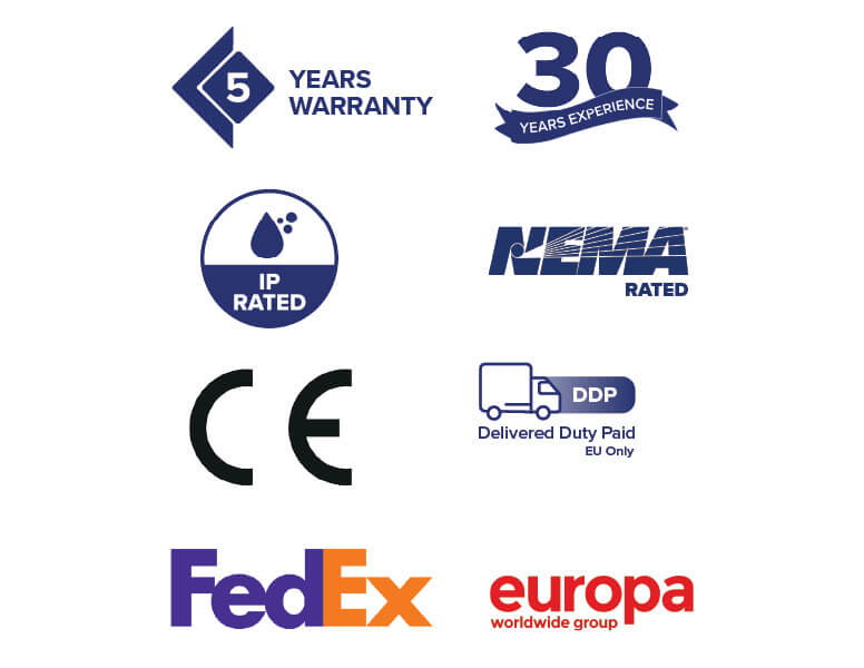 Ikony przedstawiające gwarancje, akredytacje i opcje wysyłki firmy Armagard