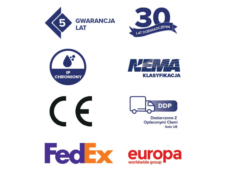 Ikony przedstawiające gwarancje, akredytacje i opcje wysyłki firmy Armagard