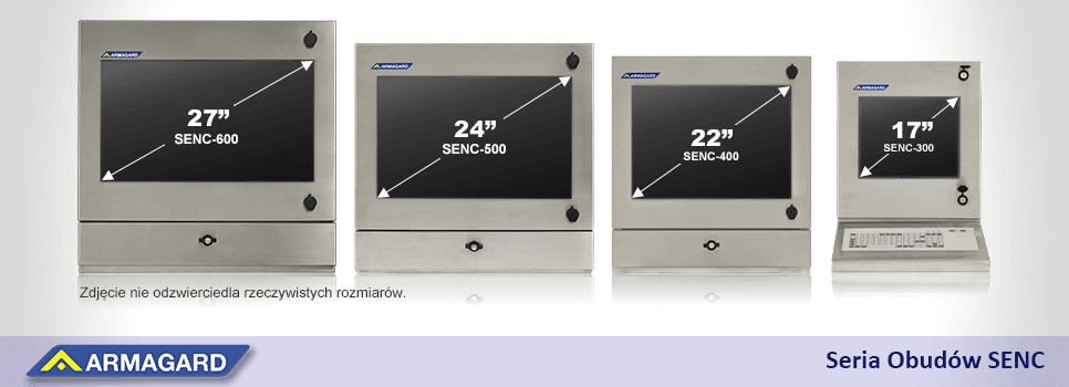 Rozmiary serii SENC firmy Armagard, w której dostępna jest bryzgoszczelna szafka na komputer inox