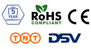 5 lat gwarancji, dostawę TNT, dostawę DSV, CE oraz RoHS logo