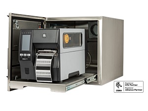 Obudowa drukarki przemysłowej Zebra z otwartym widokiem na drukarkę Zebra