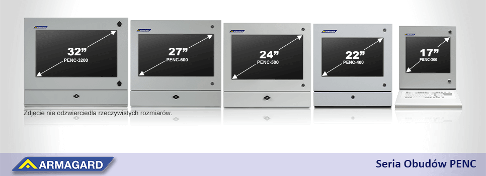 Rozmiary serii PENC firmy Armagard, w której dostępna jest obudowa przemysłowa do komputera IP54 monitor 32"
