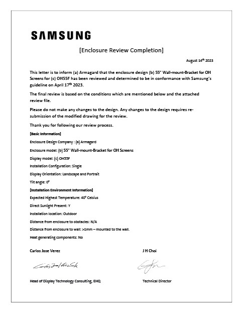 Certyfikat projektowy Samsung OH55F dla systemu montażowego uchwyty ścienne Armagard