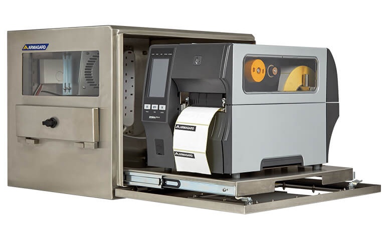 Wodoodporna szafa chroniąca przemysłowe drukarki kodów kreskowych Zebra z zainstalowaną drukarką ZT411